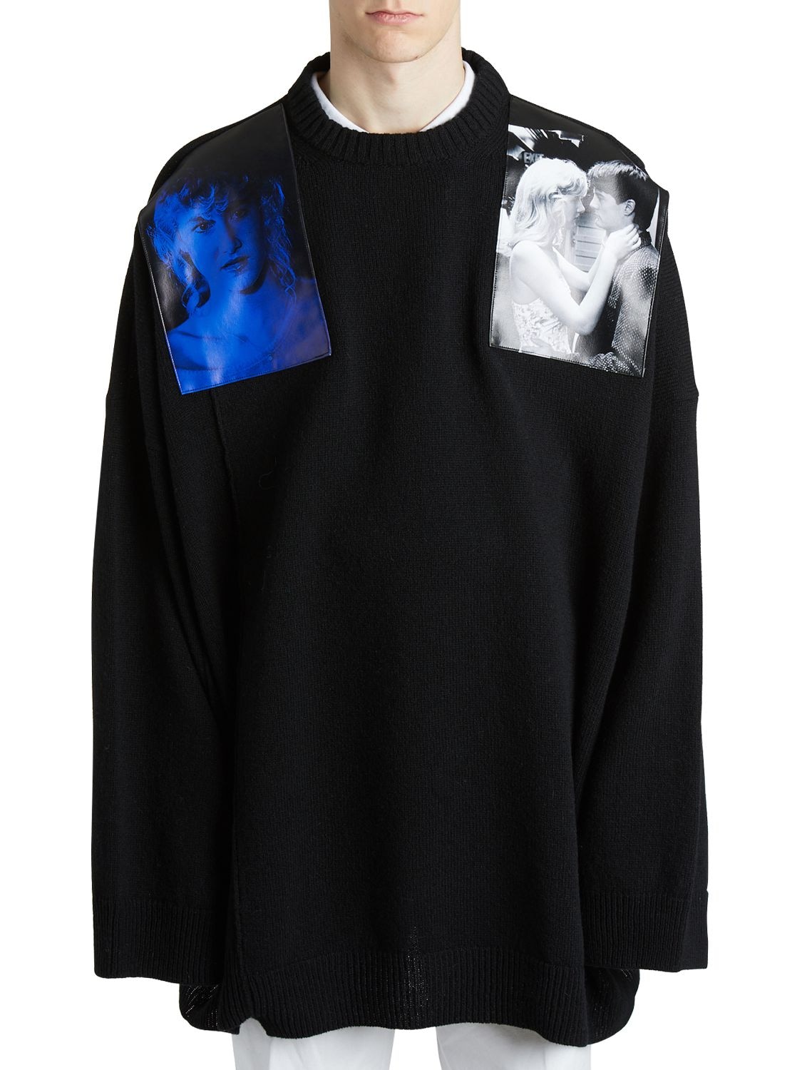 Raf Simons Over Sweater W/ Printed Shoulder Patches In Black,blue