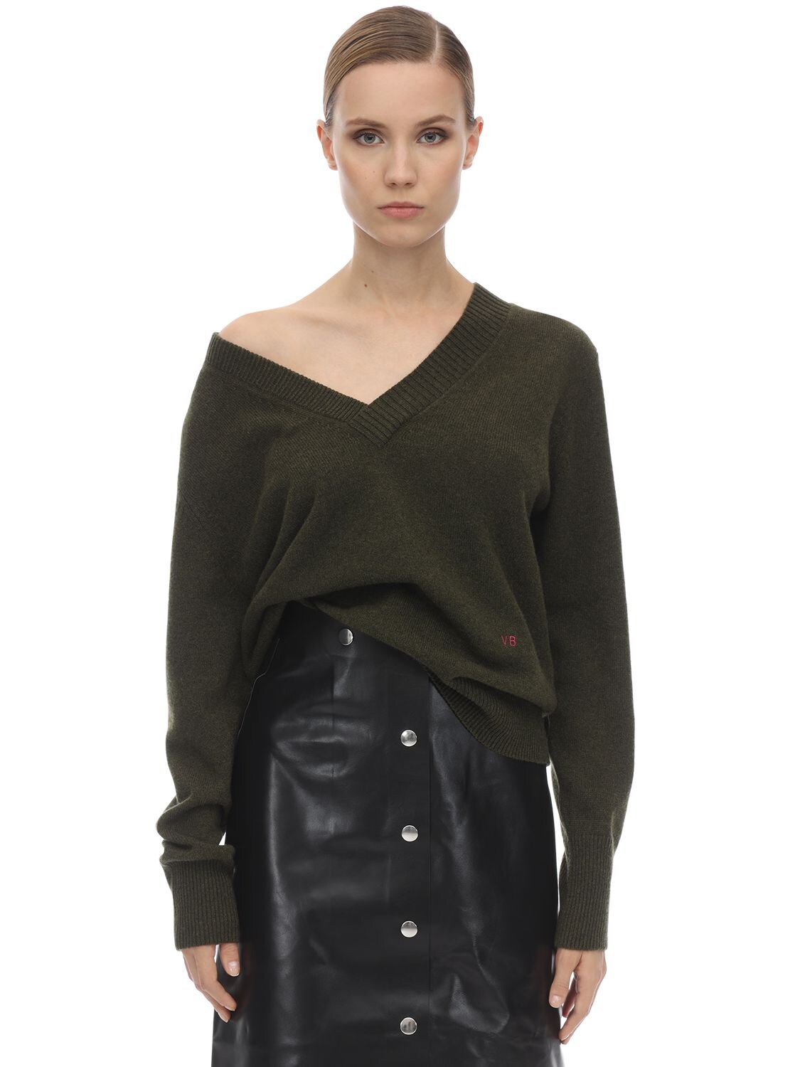 Victoria Beckham Double V Neck Cashmere Knit Jumper In Army Green