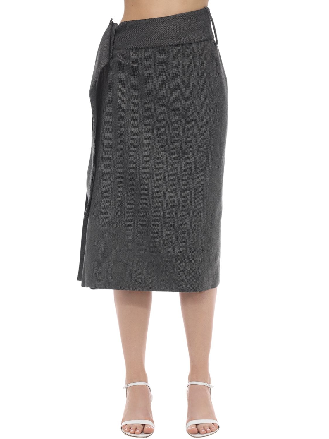 Side Pleated Wool Blend Midi Skirt