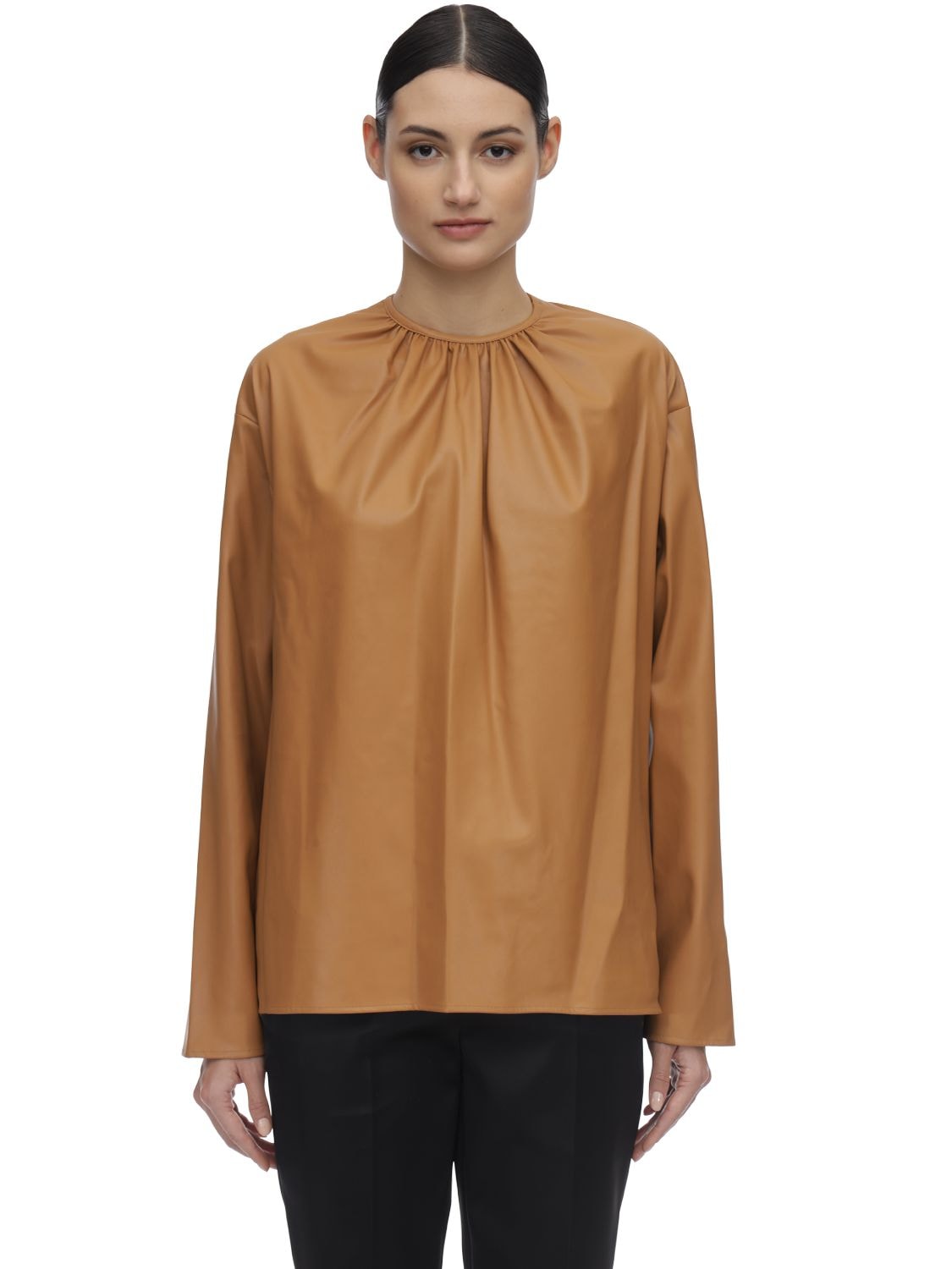 We11 Done Shirring Faux Leather Shirt In Camel