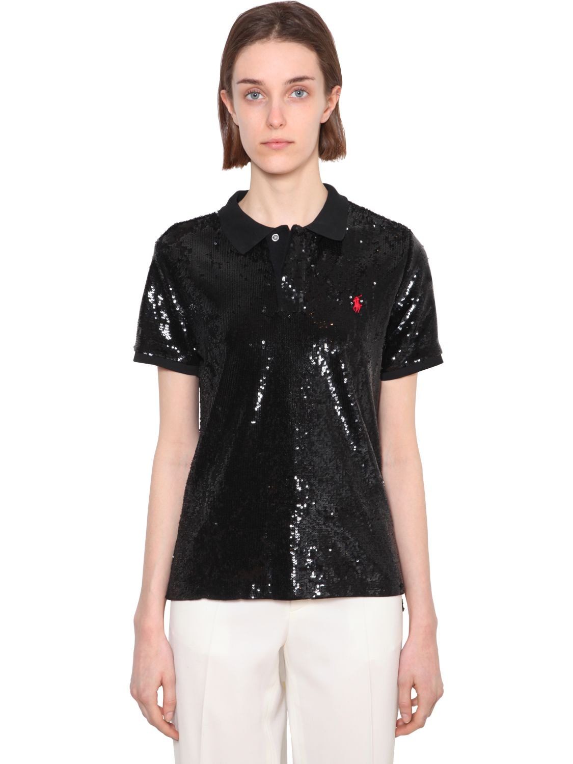 Polo Ralph Lauren Sequined Mesh Polo In Black