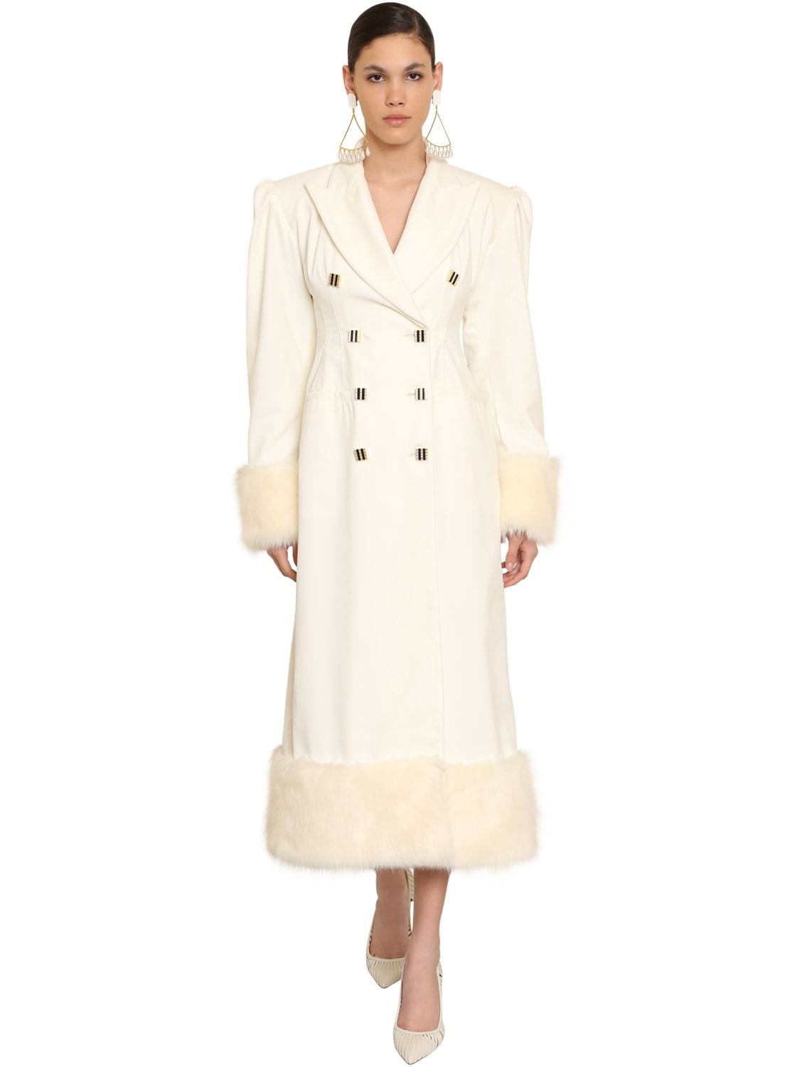 Cotton Velvet Coat W/faux Fur Trim
