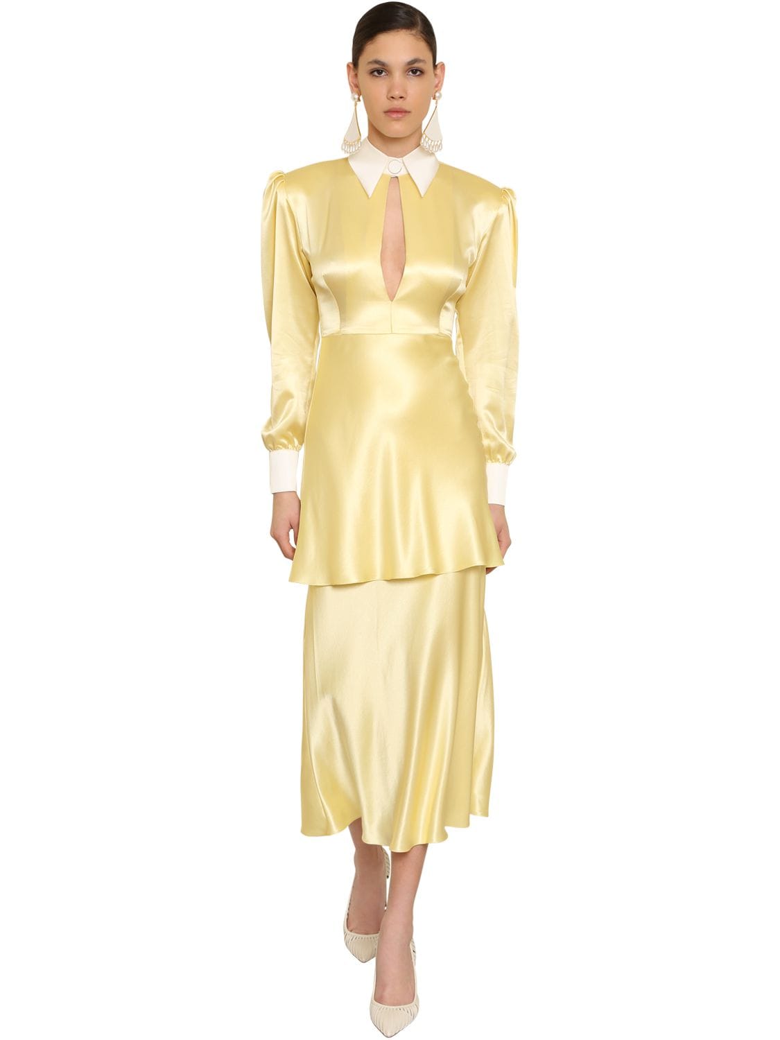 Rowen Rose Art Deco Silk Satin Shirt Dress In Yellow