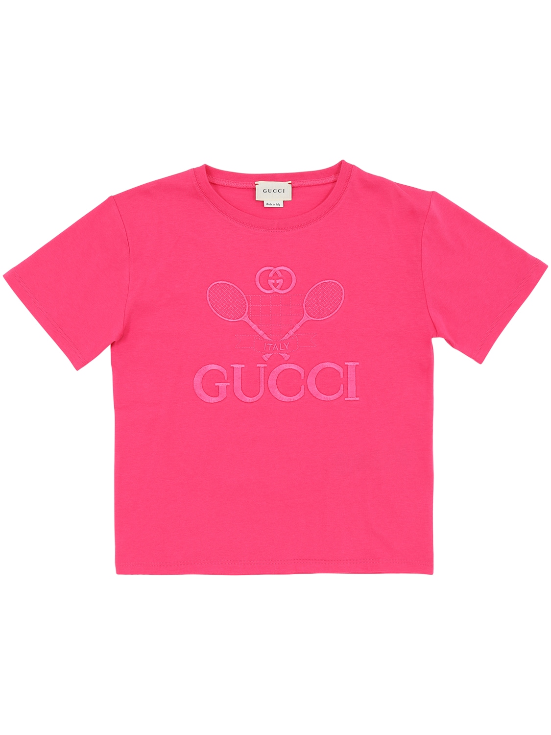 Gucci Kids' Logo网球拍纯棉平纹针织t恤 In Fuchsia