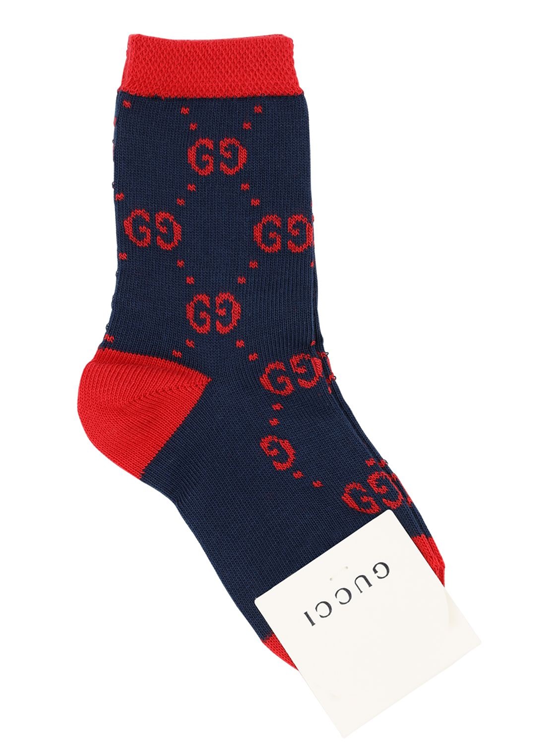Gucci Kids' Gg Supreme Logo Cotton Knit Socks In Navy,red