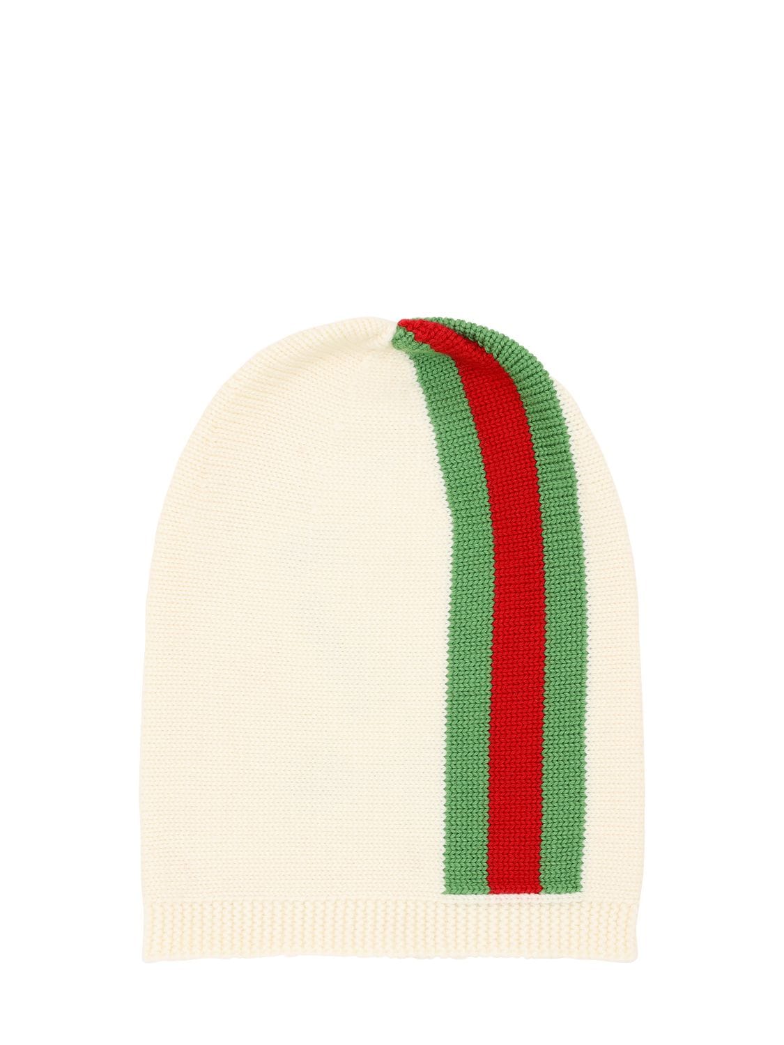 Gucci Babies' 织带针织羊毛帽子 In White