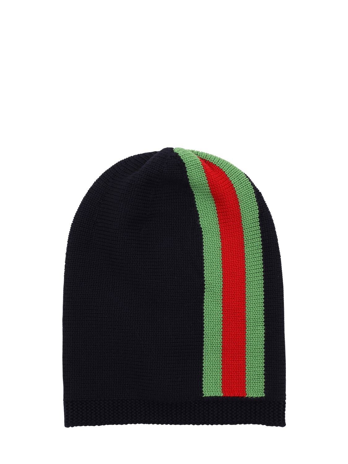 Gucci Kids' Web Knitted Wool Hat In Navy