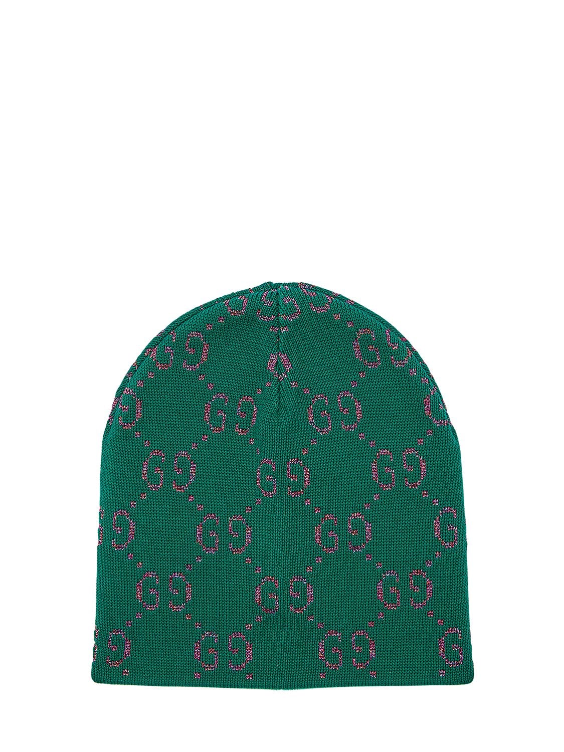Gucci Babies' 针织棉质&金银丝帽子 In Green