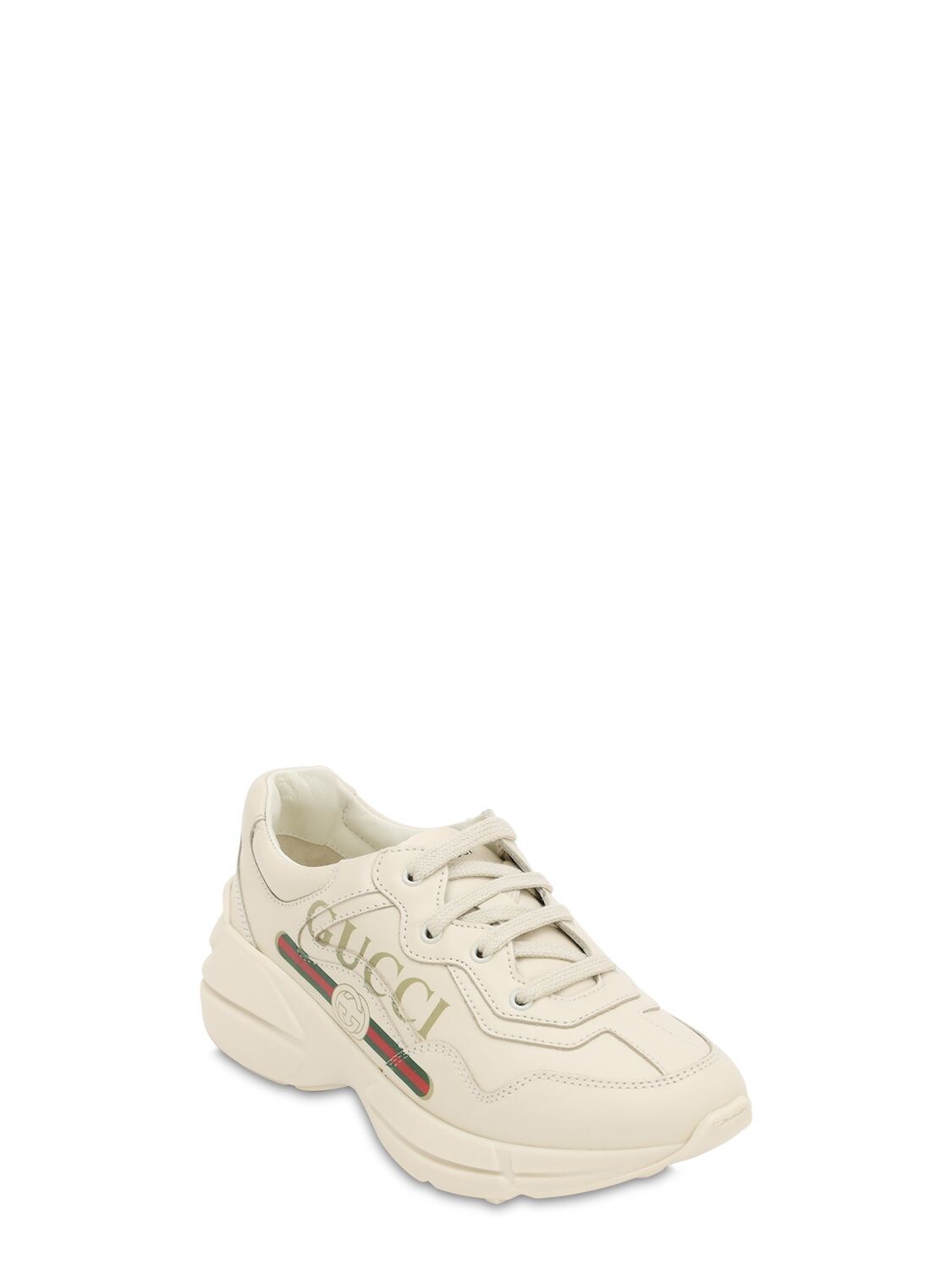 Shop Gucci Logo Print Leather Sneakers In White