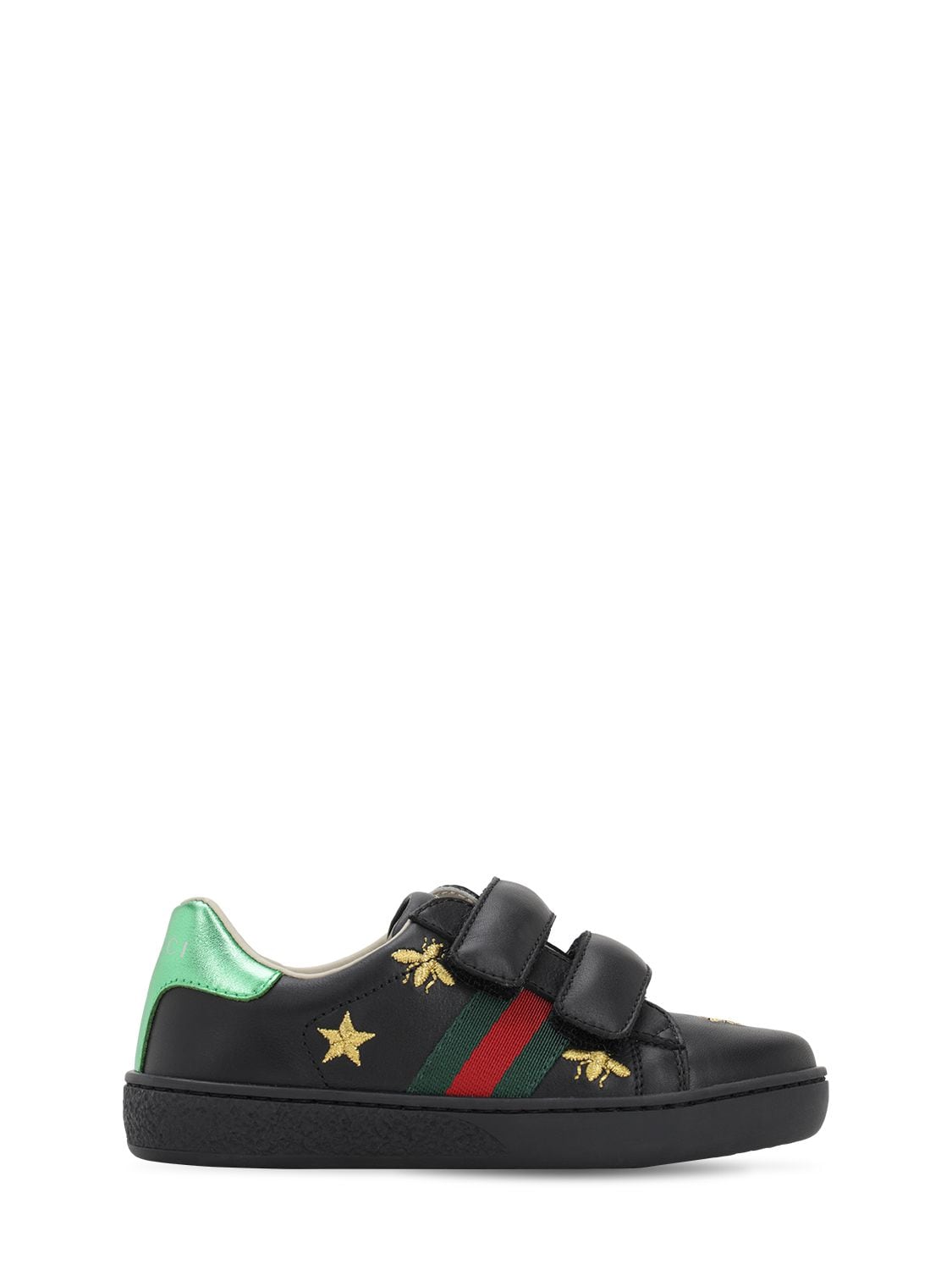 Gucci Kids' Embroidered Leather Strap Sneakers In Black