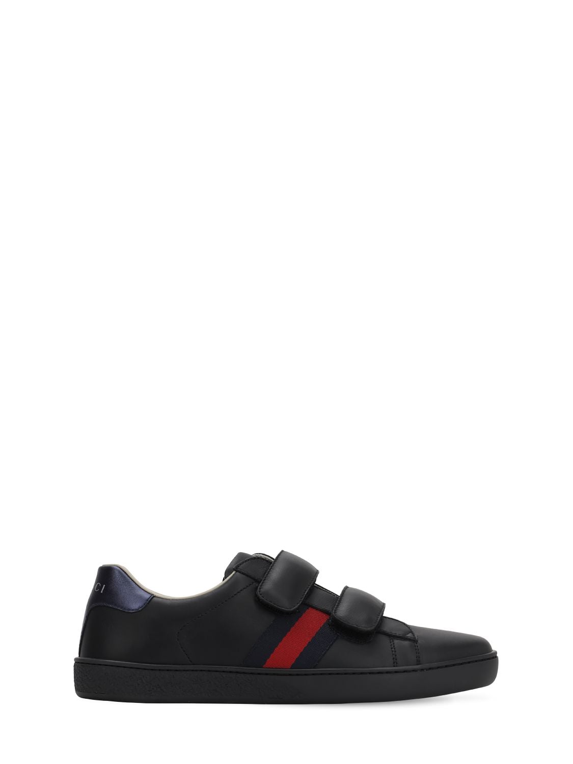 Gucci Kids' New Ace Leather Strap Sneakers In Black