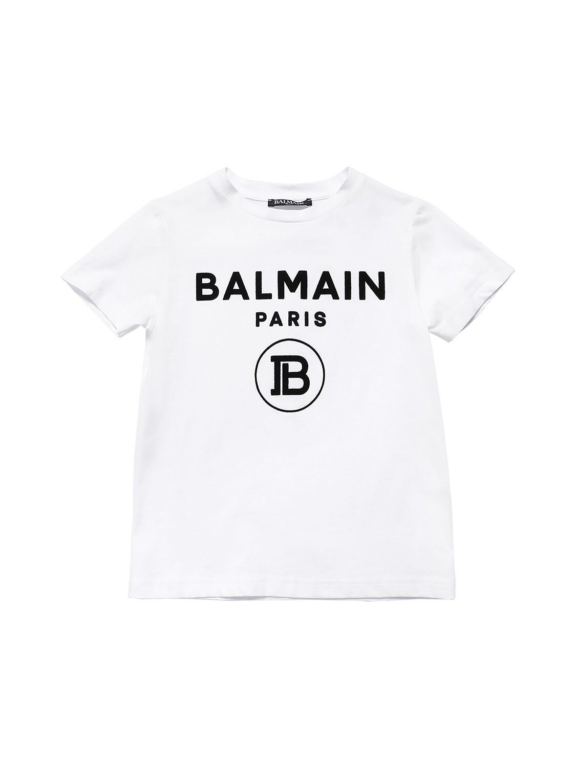 Balmain Kids' Flocked Logo Cotton Jersey T-shirt In White,black