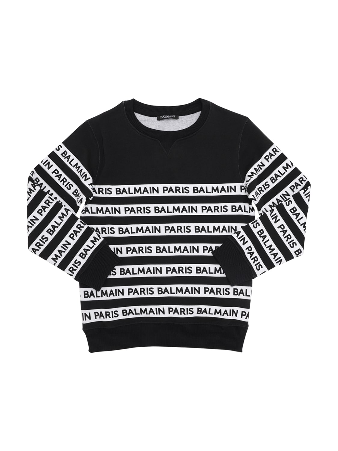 Balmain Kids' Striped Logo Print Cotton Sweatshirt In Black,white