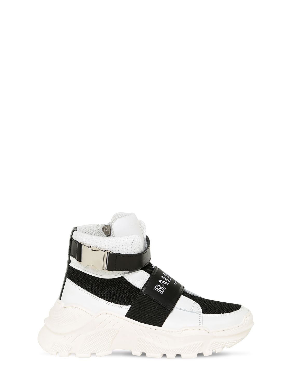 BALMAIN FAUX LEATHER & MESH HIGH TOP trainers,70IFI8058-MTAWTKU1