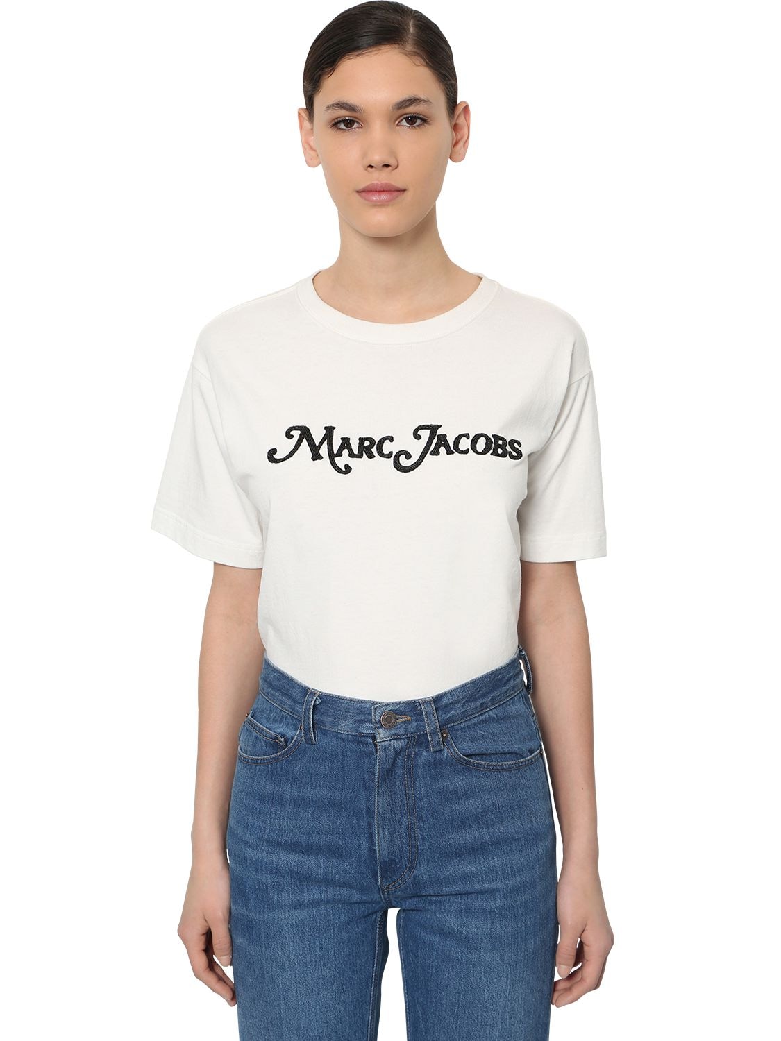 Marc Jacobs Bead Embellished Logo Jersey T-shirt In 白色