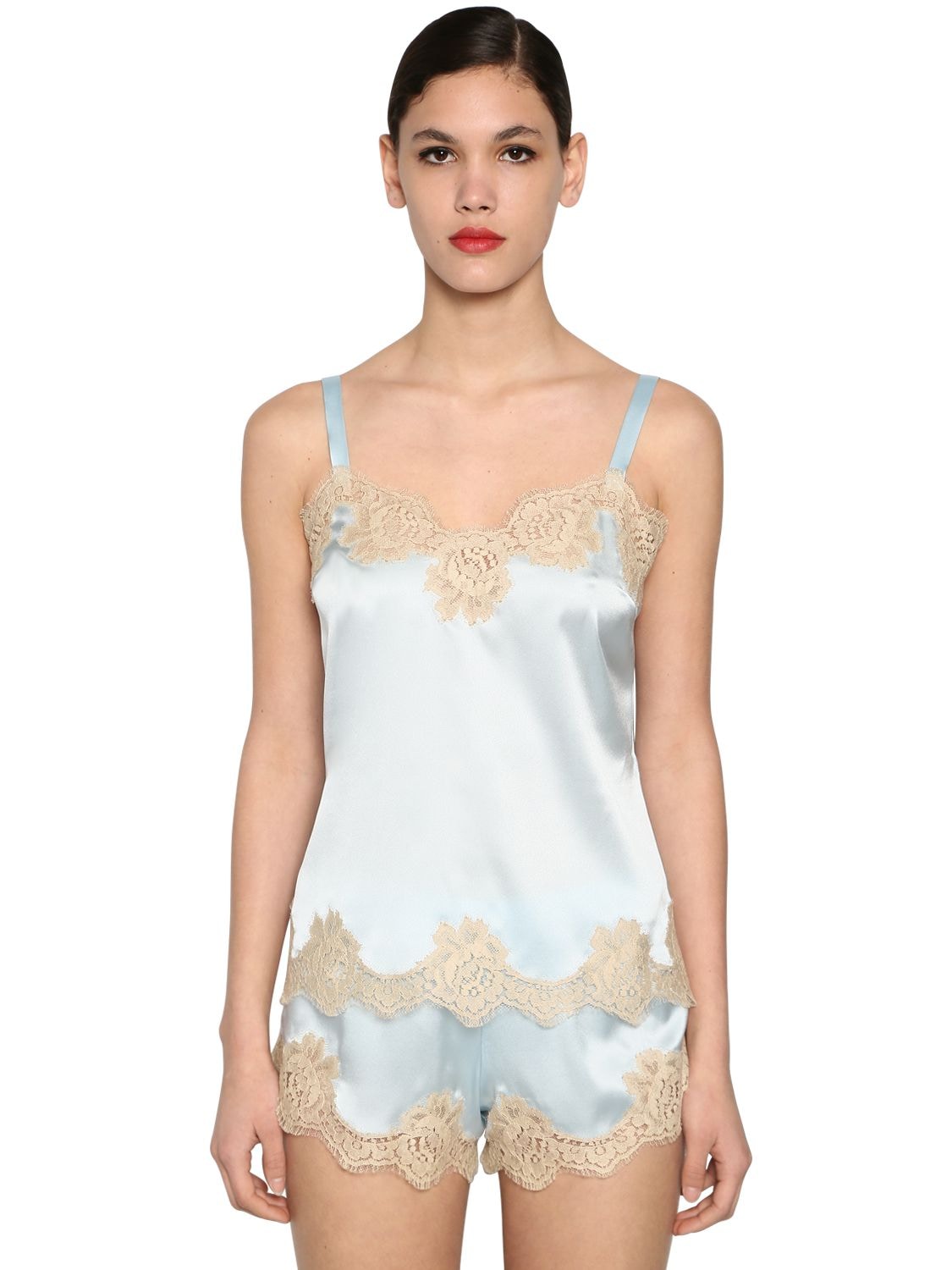 Dolce & Gabbana Silk Satin & Lace Camisole Top In Light Blue