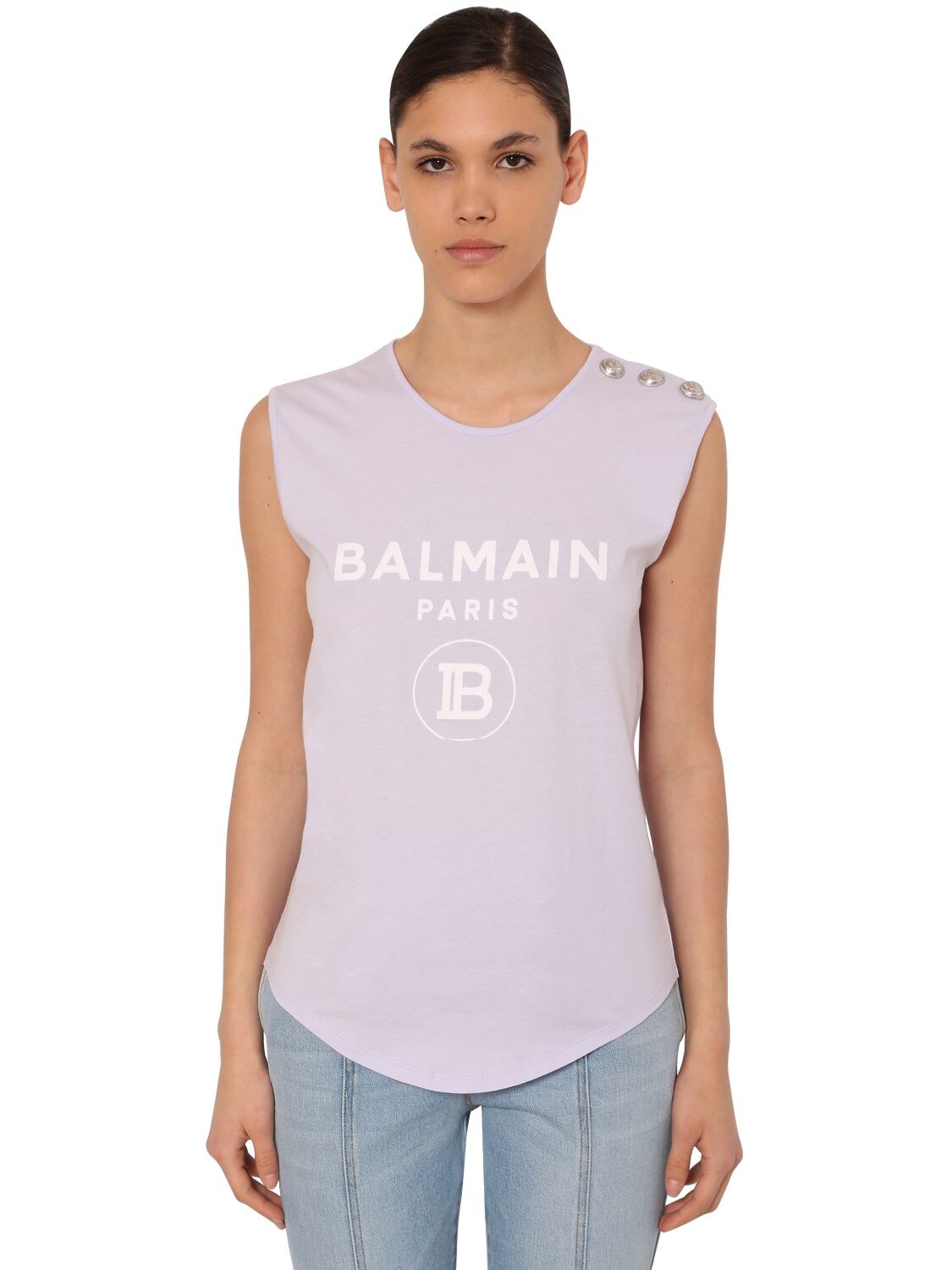Balmain Flocked Logo Jersey Sleeveless T-shirt In Lilac