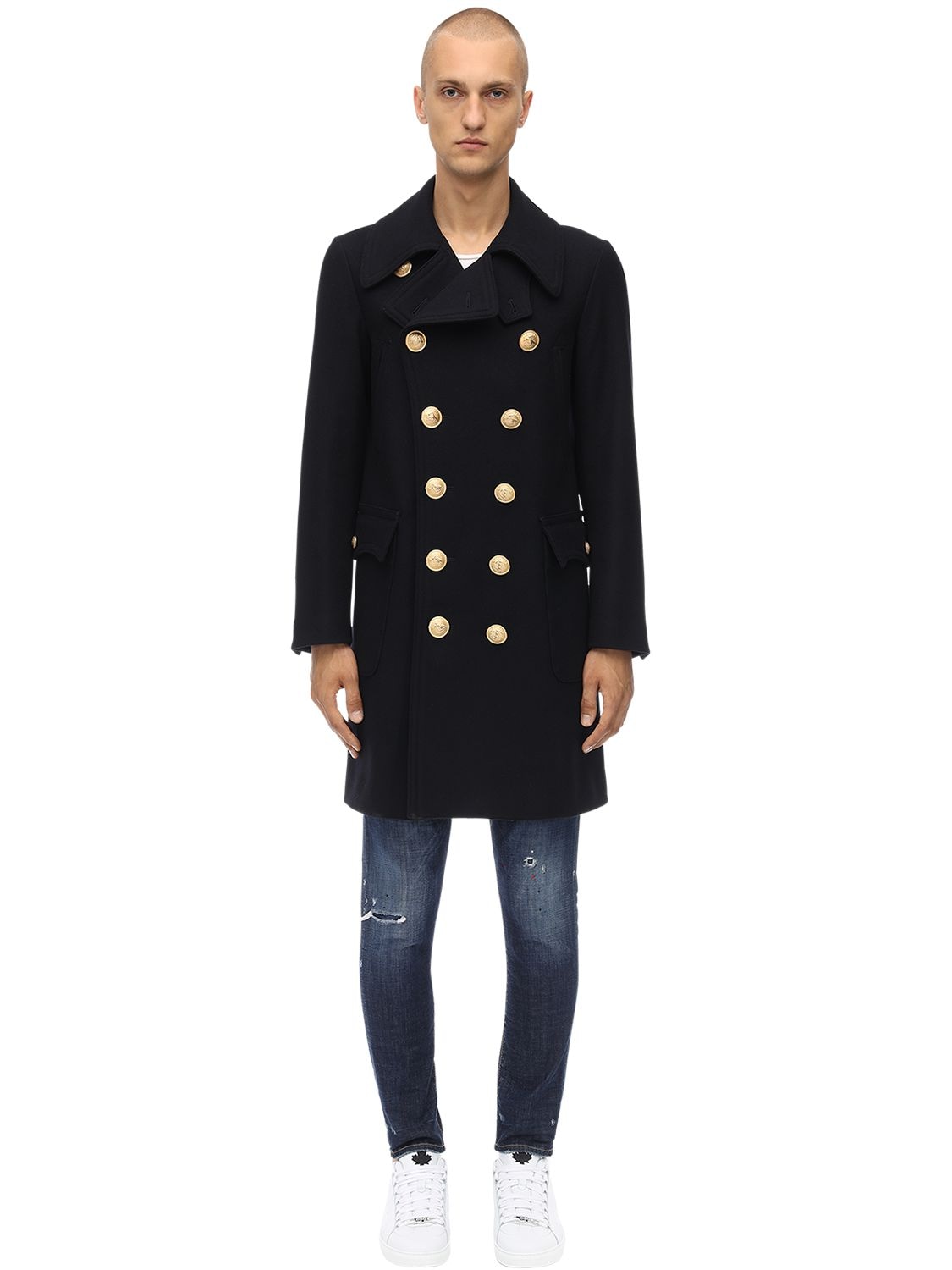 DSQUARED2 DOUBLE BREASTED WOOL BLEND PEACOAT,70IG7E126-NTI00