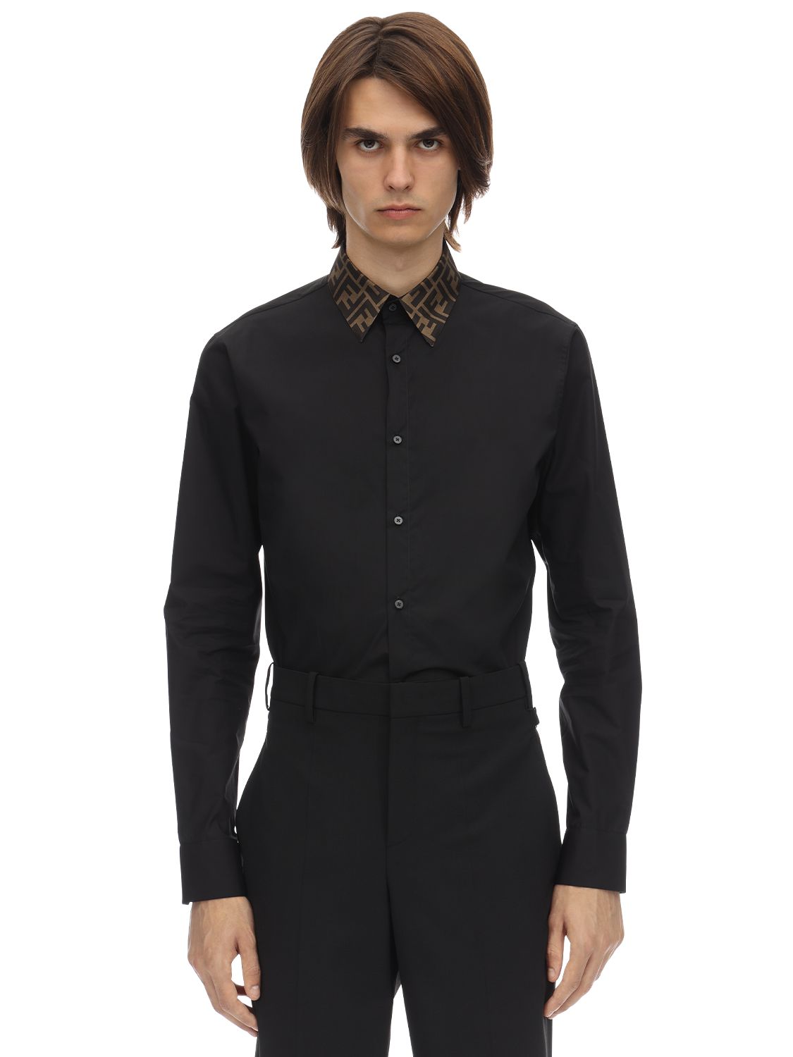 Fendi Cotton Poplin Shirt W/ Logo Silk Collar In Black