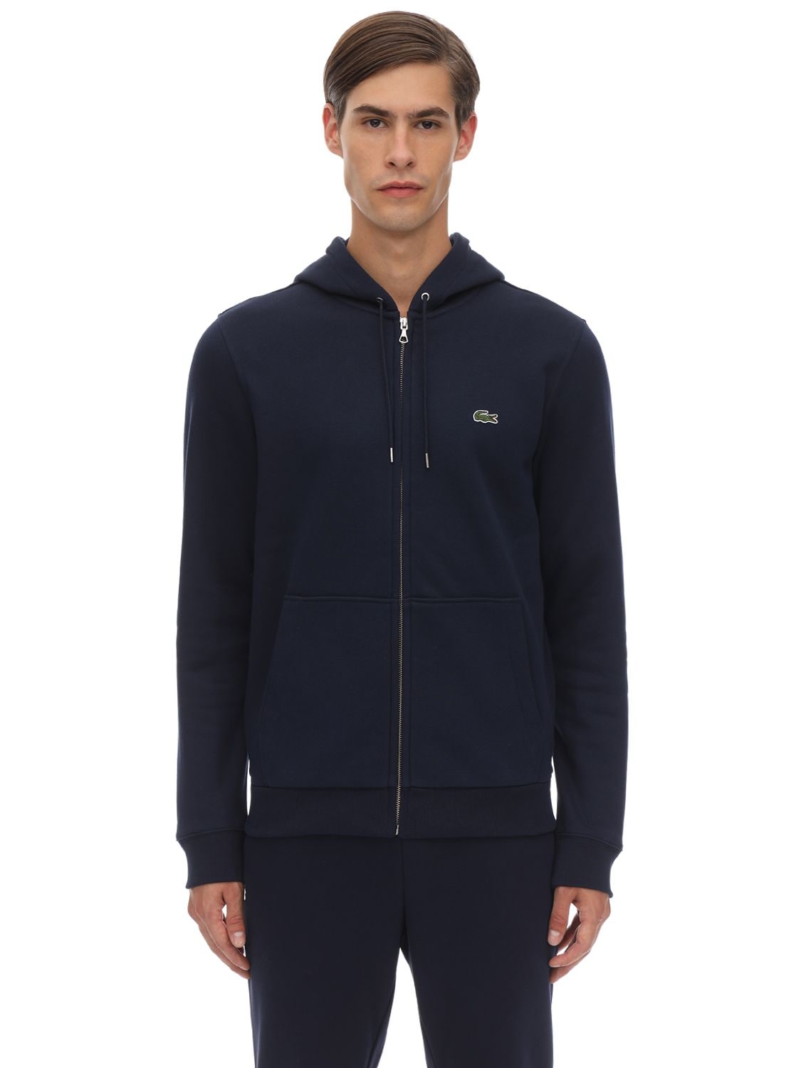 Lacoste Zip-up Cotton Blend Sweatshirt Hoodie In Blue