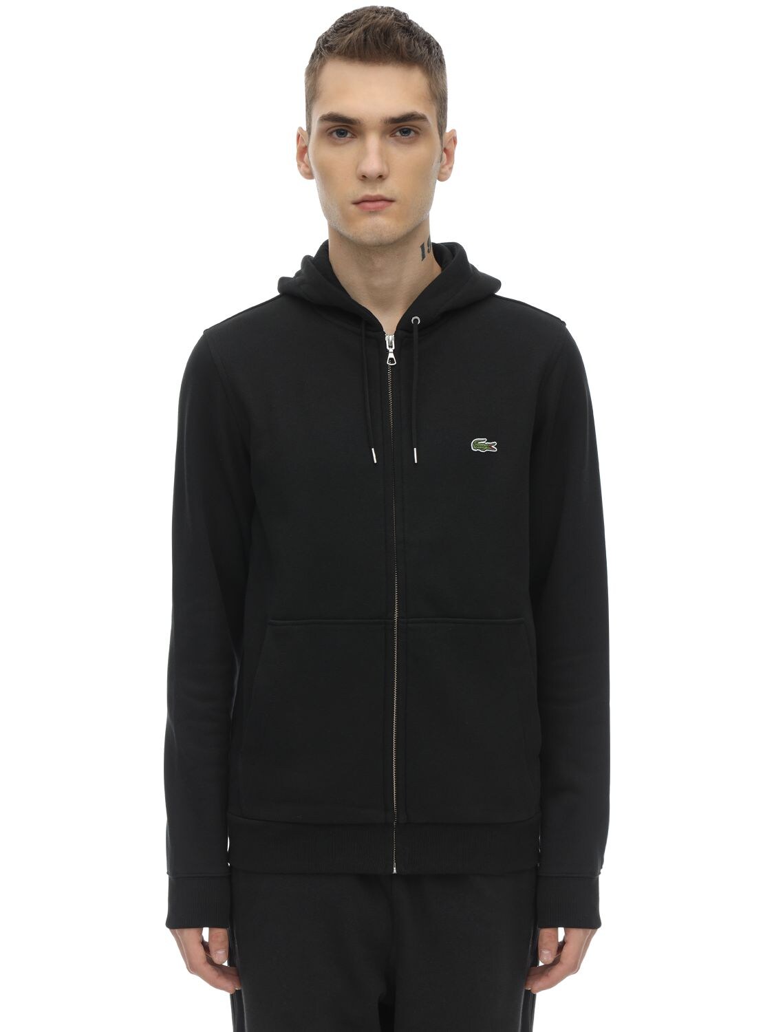 Lacoste Zip-up Cotton Blend Sweatshirt Hoodie In Black