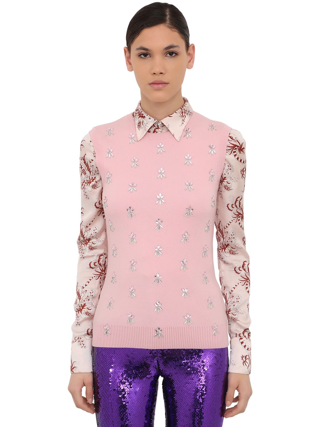 Rabanne Merino Wool Knit Vest W/ Crystals In Pink