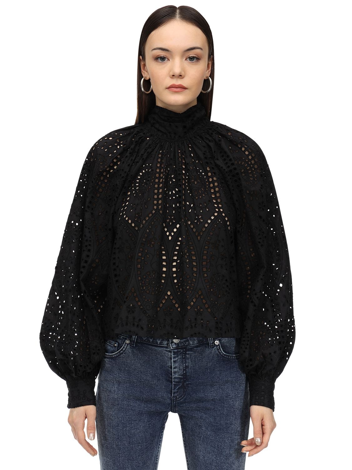 Ganni Tie-neck Broderie-anglaise Cotton Blouse In Black