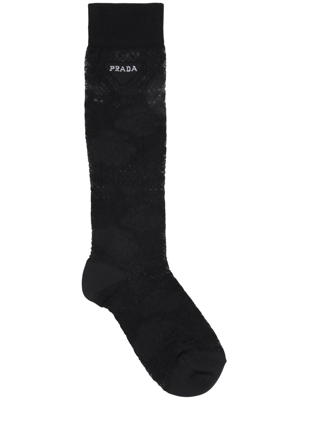 Prada Lace Stretch High Socks W/intarsia Logo In Black