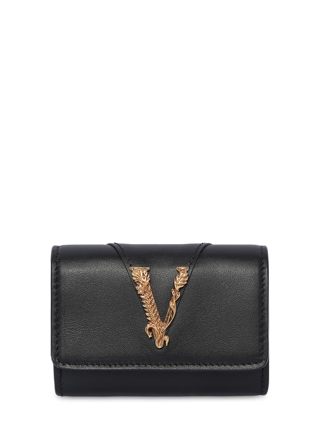 Versace Smooth Leather Coin Case Wallet In Black