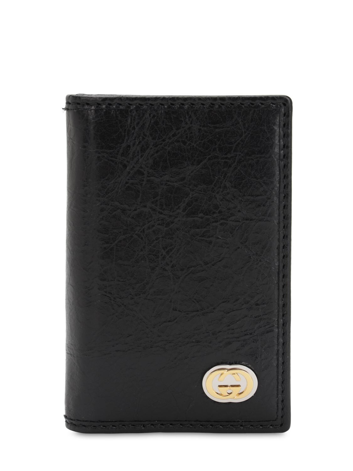 Gucci Gg Metal Leather Card Wallet In Black