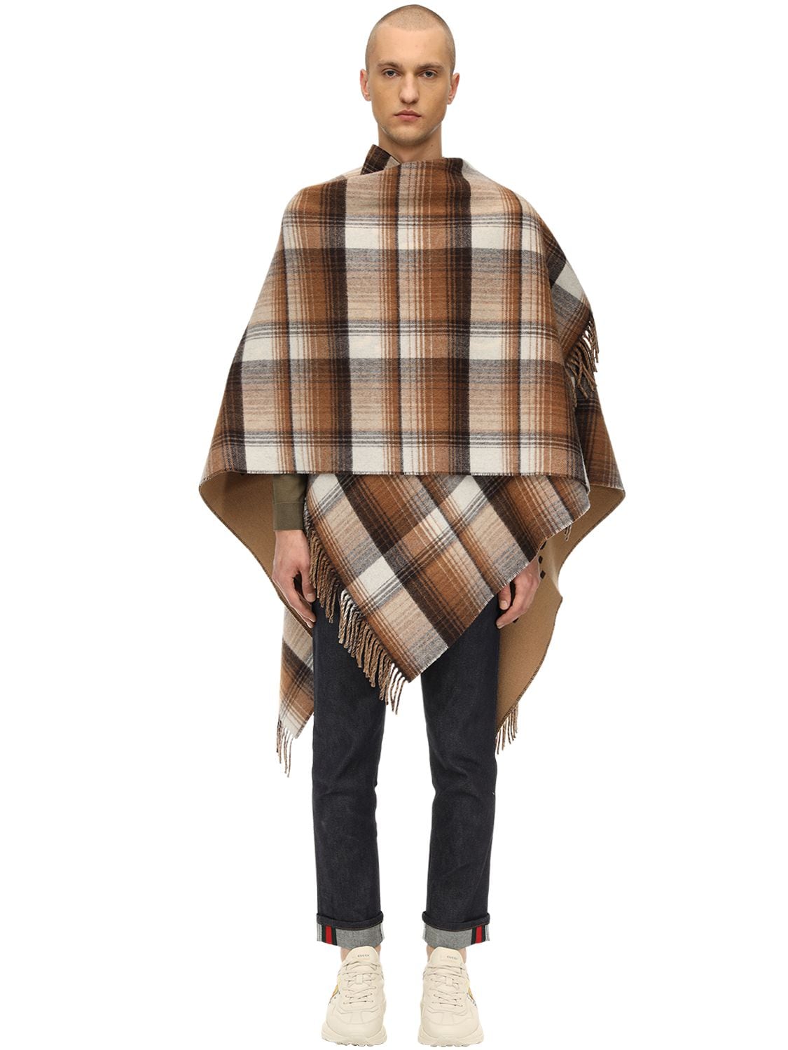 Gucci Reversible Logo Wool Poncho Cape In Beige,brown