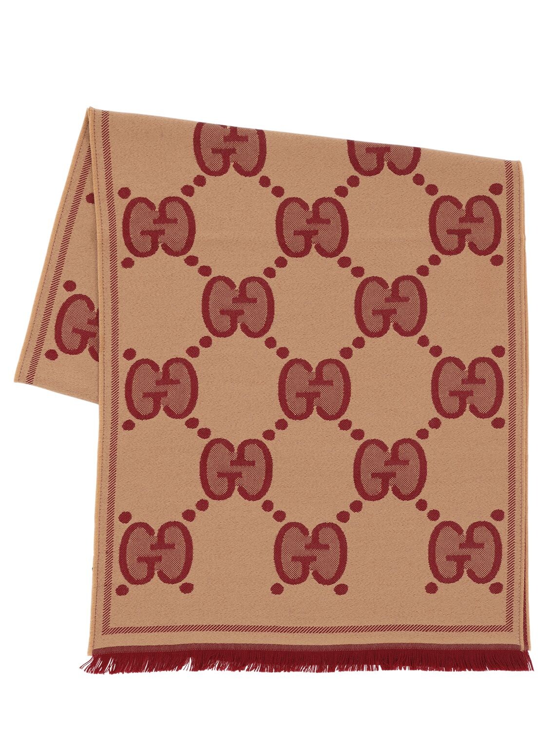 Gucci Wool Jacquard Logo Scarf In Brown,bordeaux