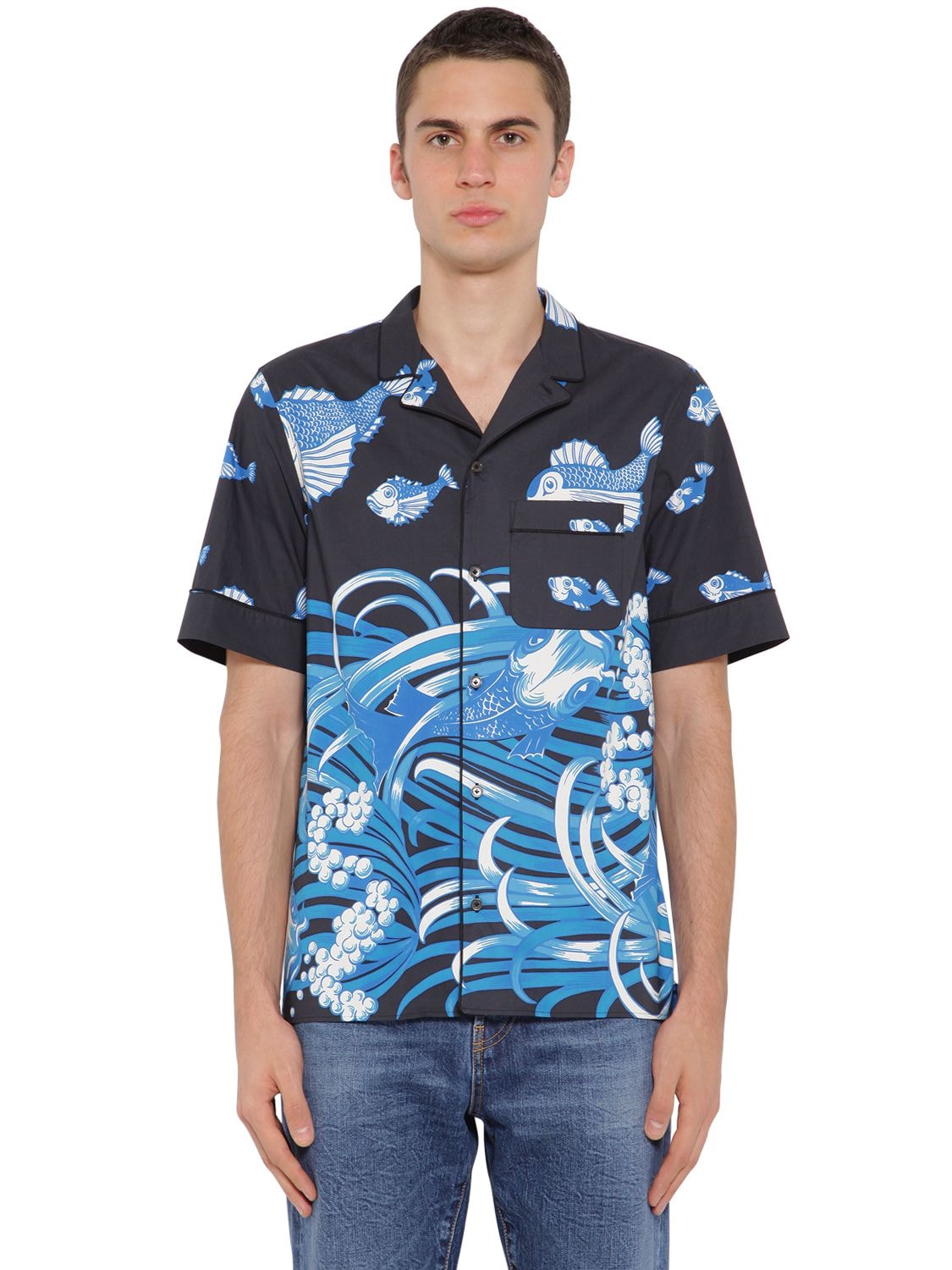 VALENTINO “FISH RAIN”印图棉府绸衬衫,70IH0Y018-SVLN0