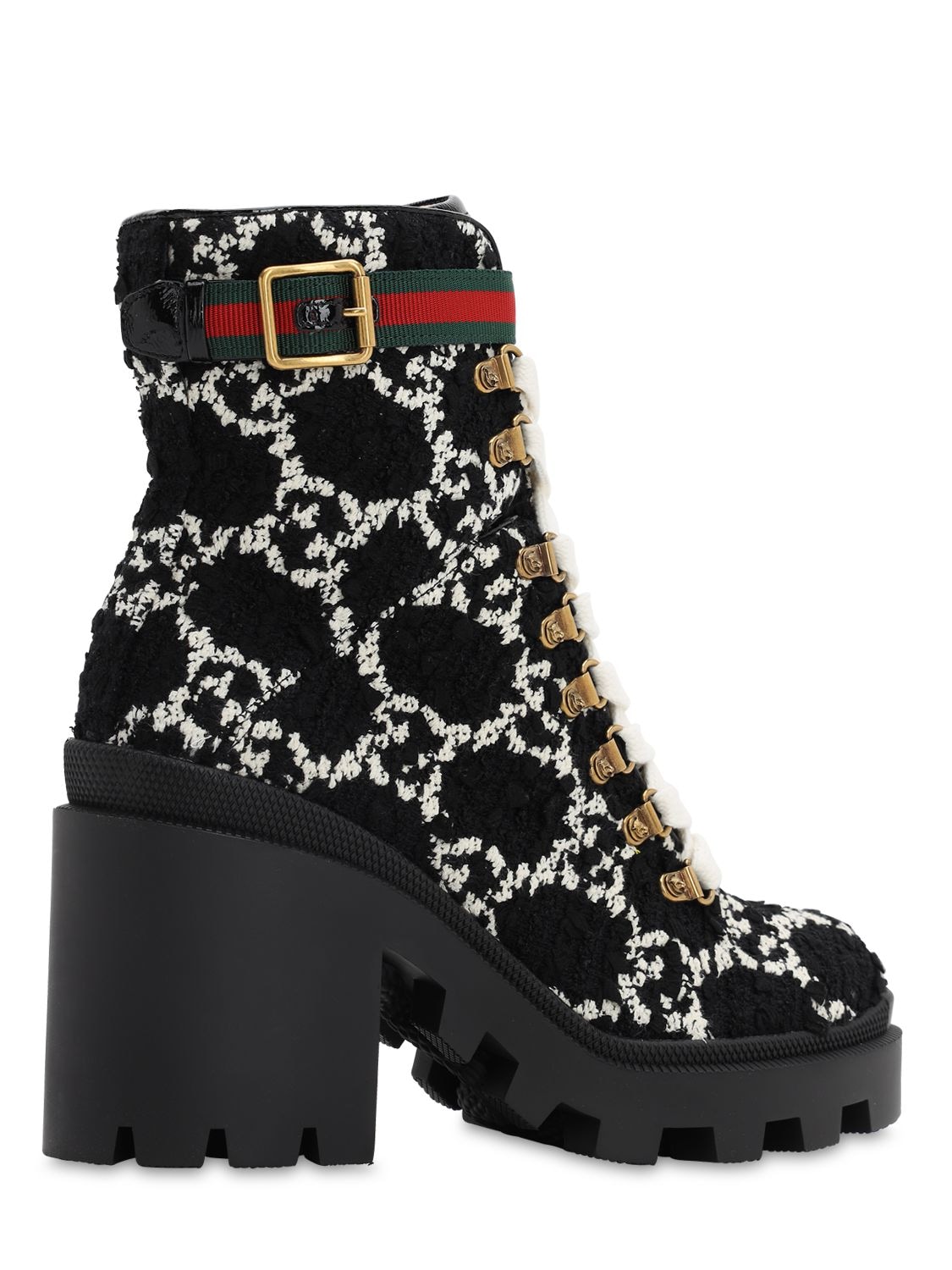 Gucci Lace Up Ankle Boots Gg Tweed Logo Black White In Black/white Gg ...