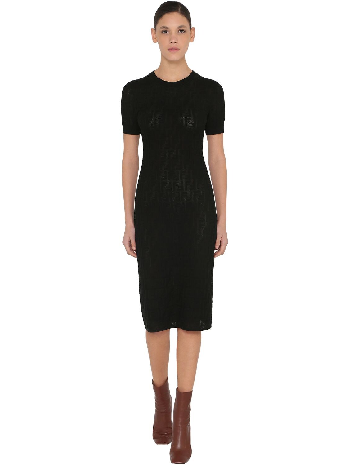 Fendi Logo Intarsia Cotton Knit Dress In Black