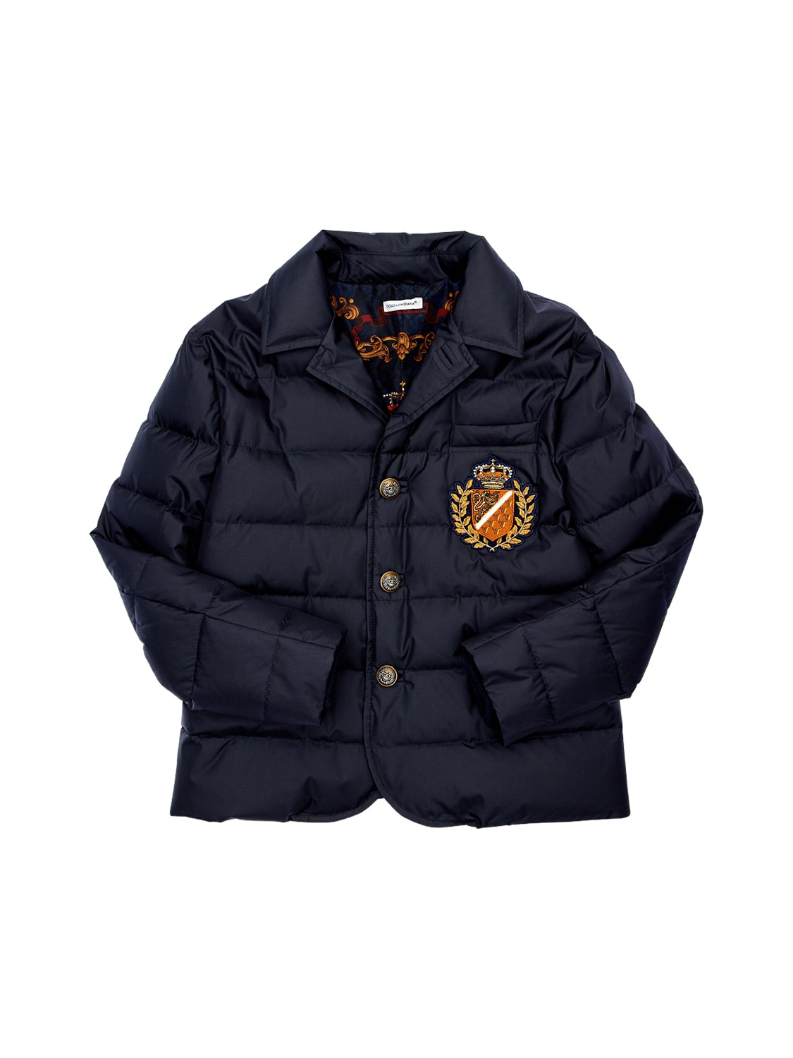 Dolce & Gabbana Kids' Silk Blend Down Jacket W/ Patch Detail In Navy