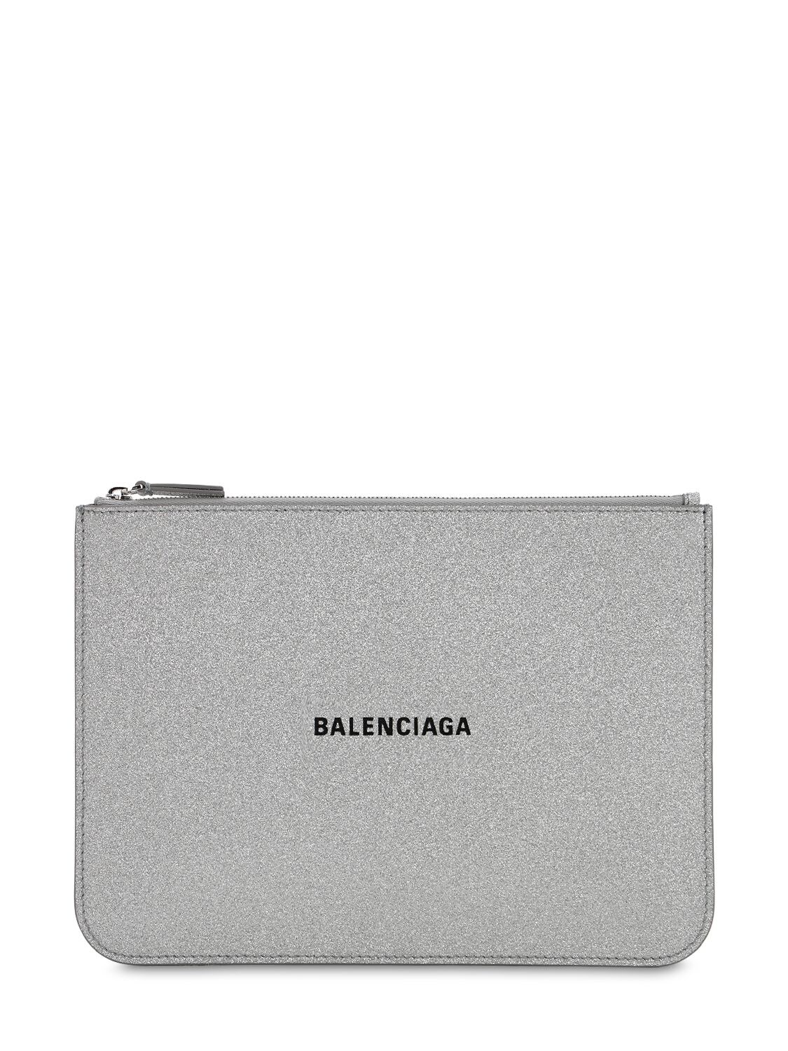 Balenciaga Everyday Glittered Leather Pouch In Silver