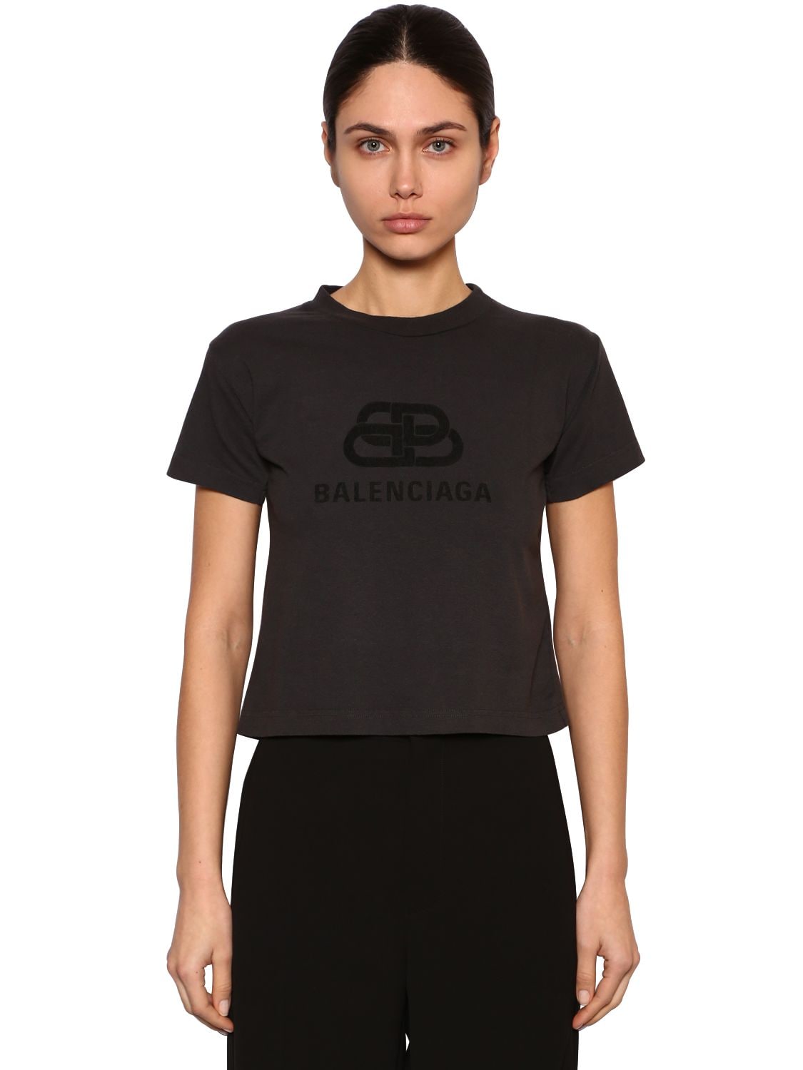 Balenciaga Cropped New Bb Logo Jersey T-shirt In Washed Black