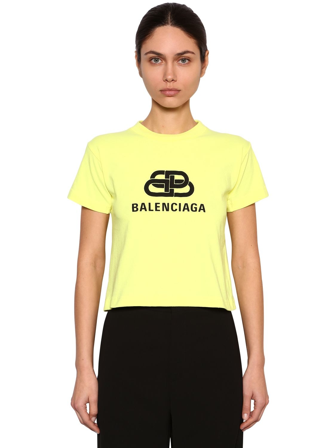 Balenciaga Cropped New Bb Logo Jersey T-shirt In Lime Green