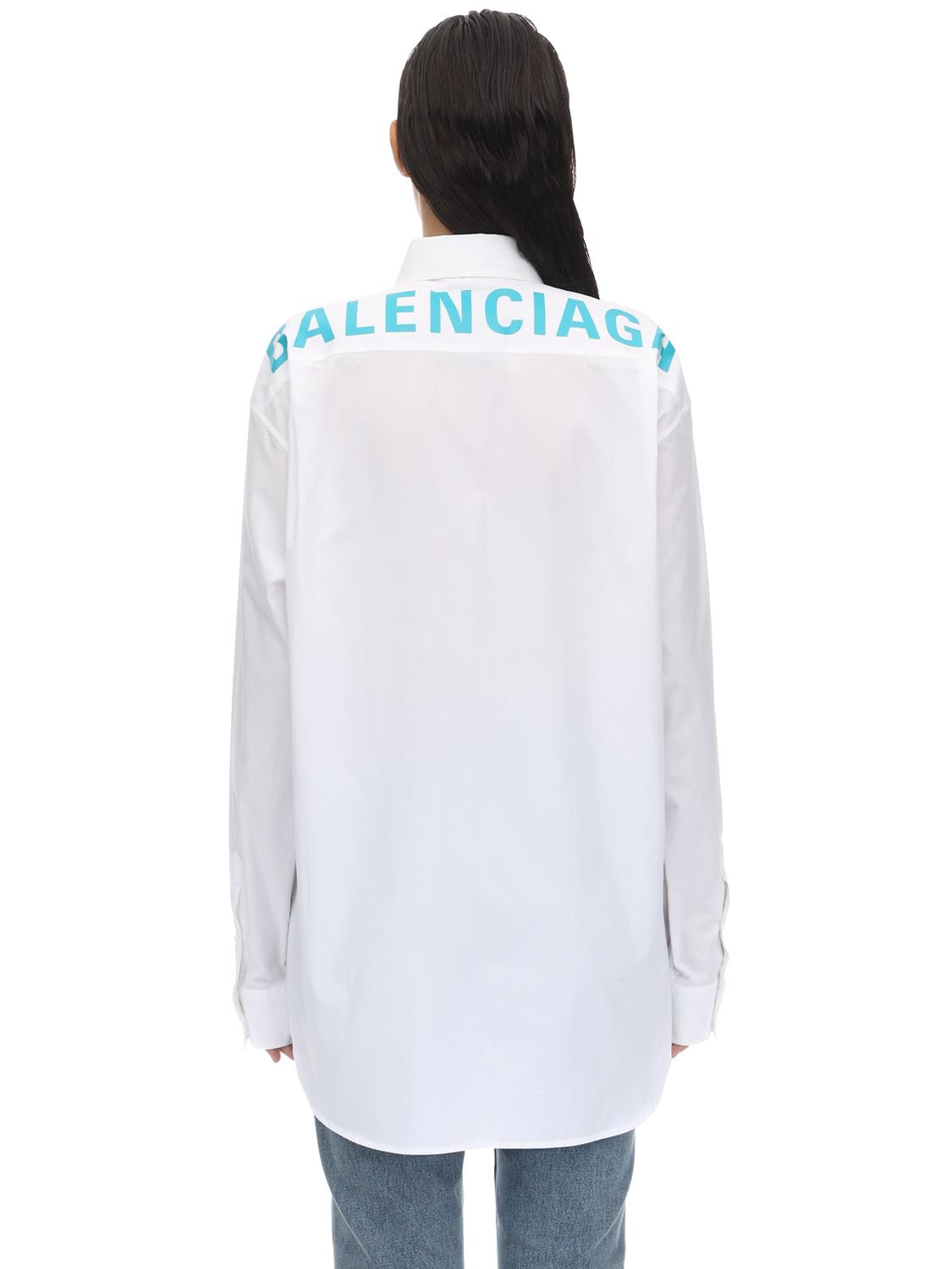 Balenciaga Logo Cotton Poplin Shirt In White