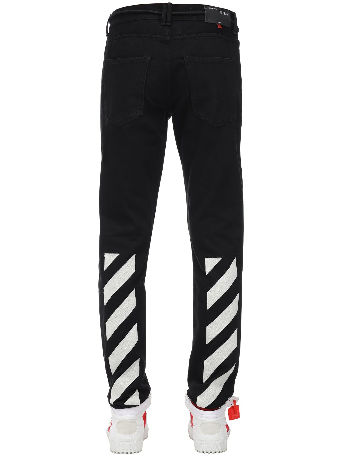 Diagonal Stripes Slim Cotton Denim Jeans In Black