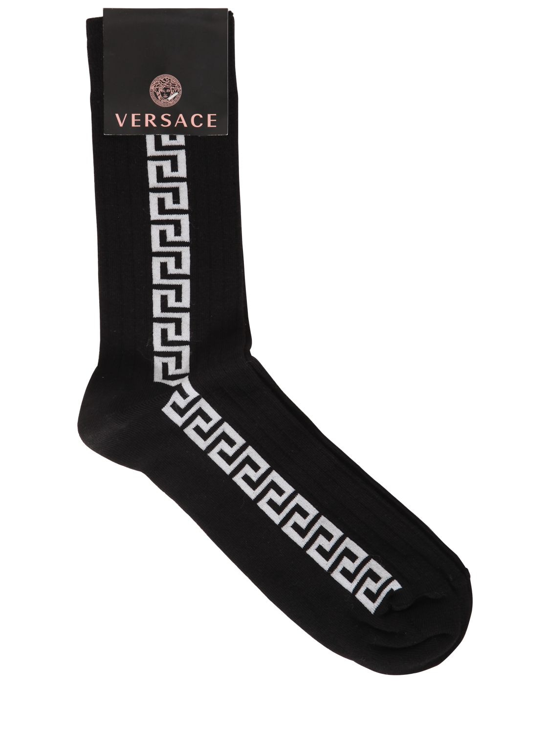 Versace Greek Motif Cotton Socks In Black,white