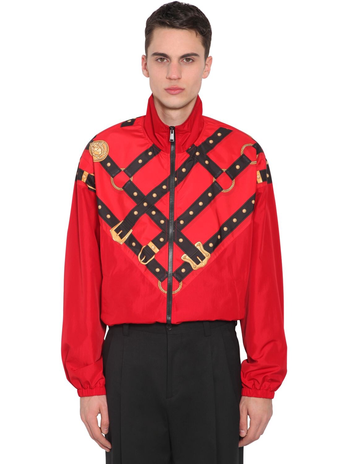 VERSACE BONDAGE PRINT ZIP-UP TECHNO TRACK JACKET,70IJSV009-QTC0MW2