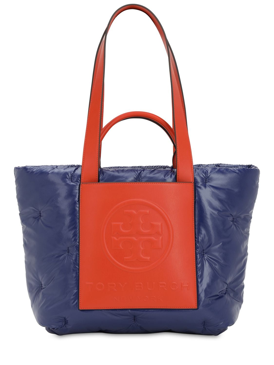 Tory Burch Logo Padded Nylon & Leather Tote Bag In Blue,orange