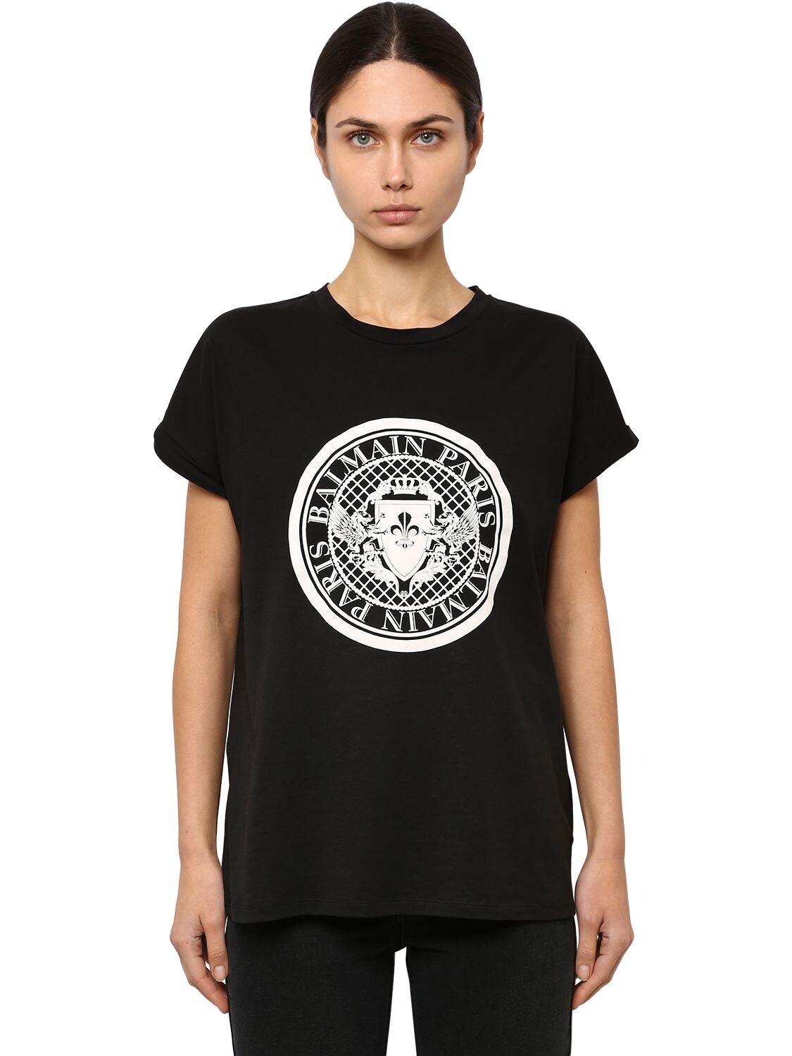 BALMAIN FLOCKED COIN LOGO COTTON JERSEY T-SHIRT,70IL5Z038-RUFC0