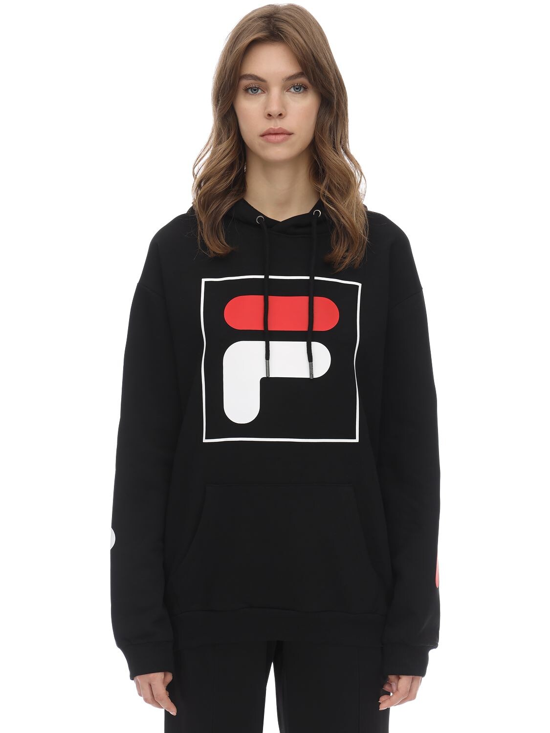 Fila Logo Cotton Blend Sweatshirt Hoodie In Black