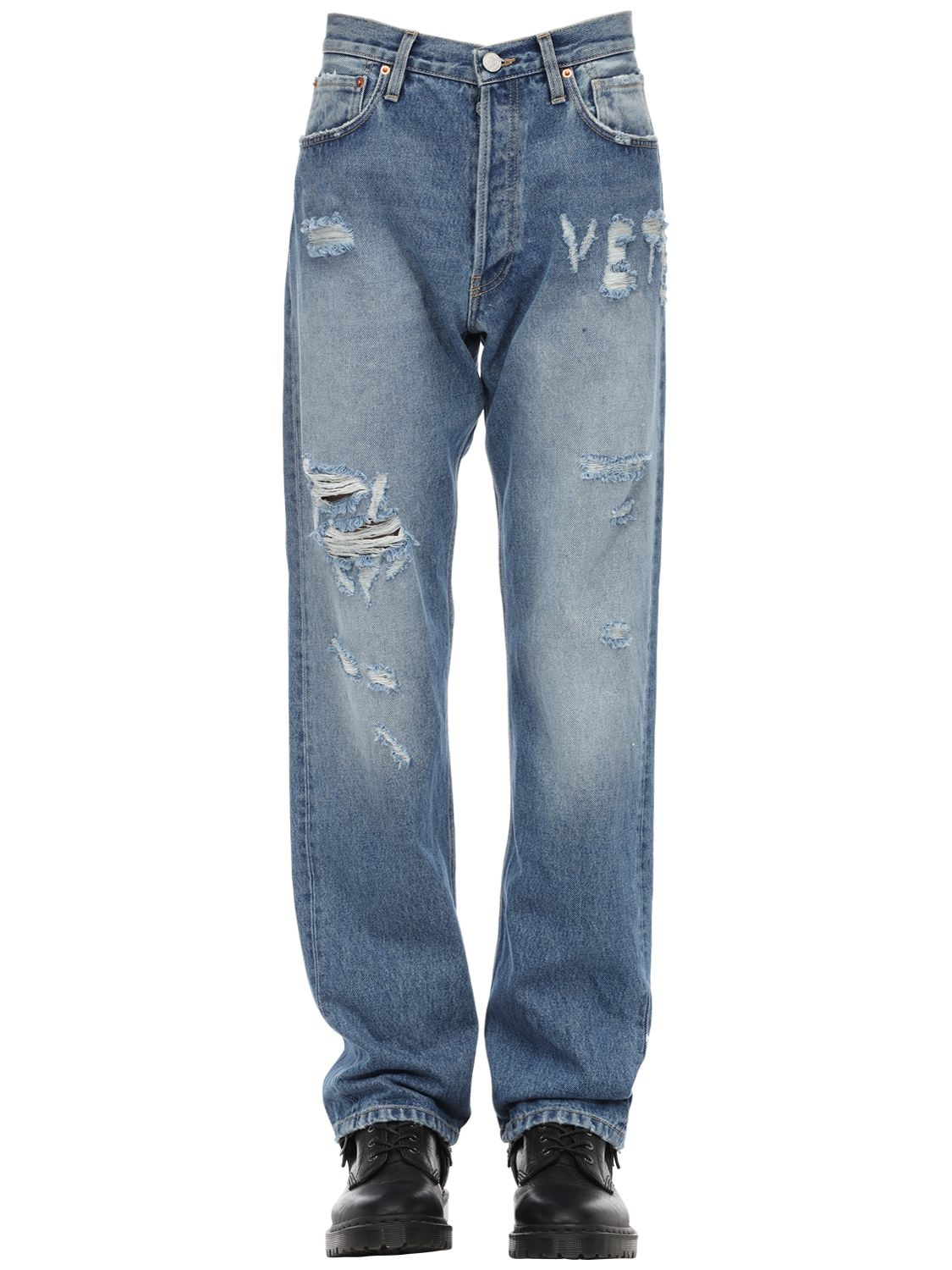 Vetements Logo Distressed Cotton Denim Jeans In Blue
