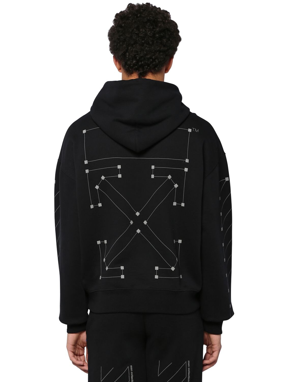 Off-white Unfinished Print Cotton Jersey Hoodie In Black,silver