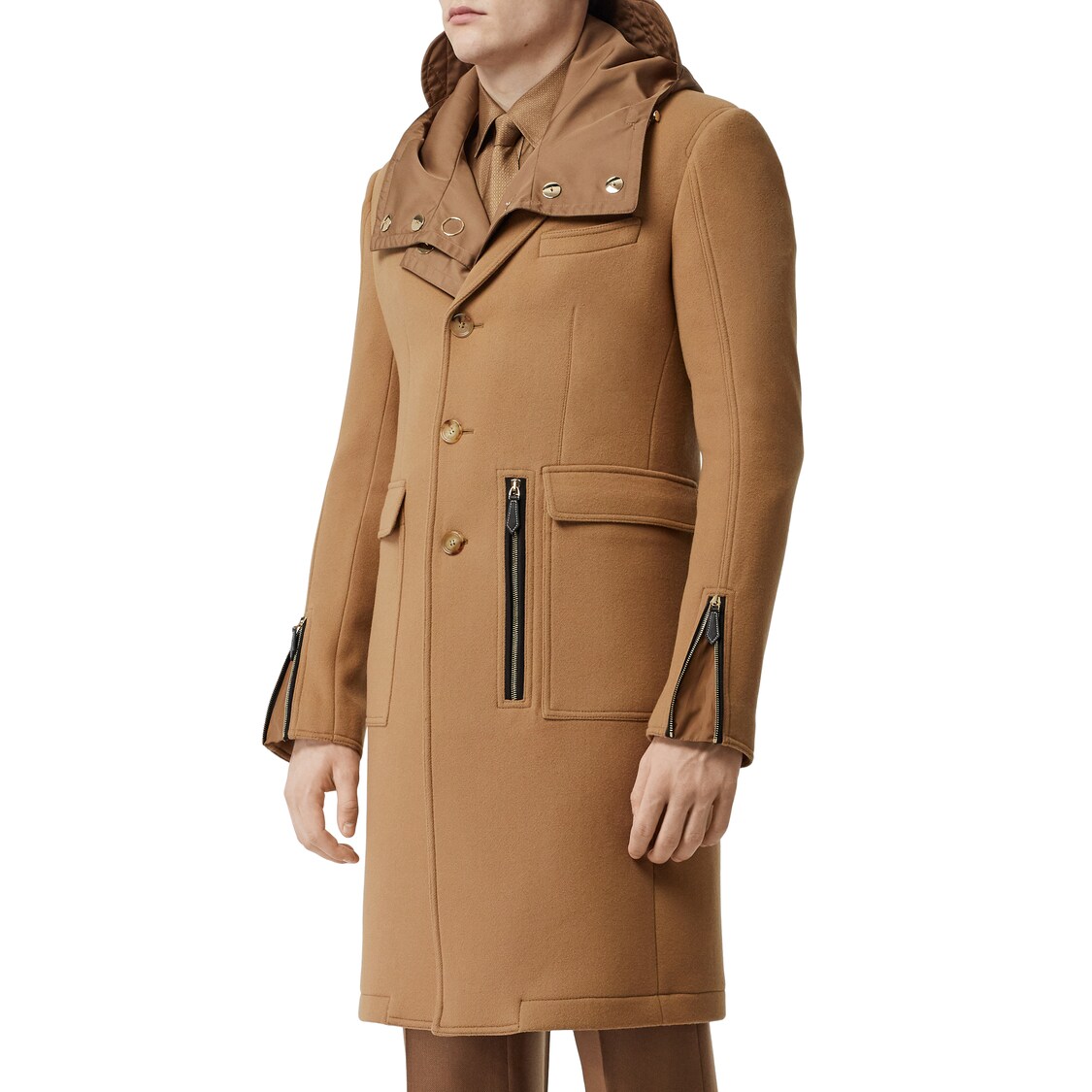 Burberry Wool Coat W/ Zip Details In Warm Camel