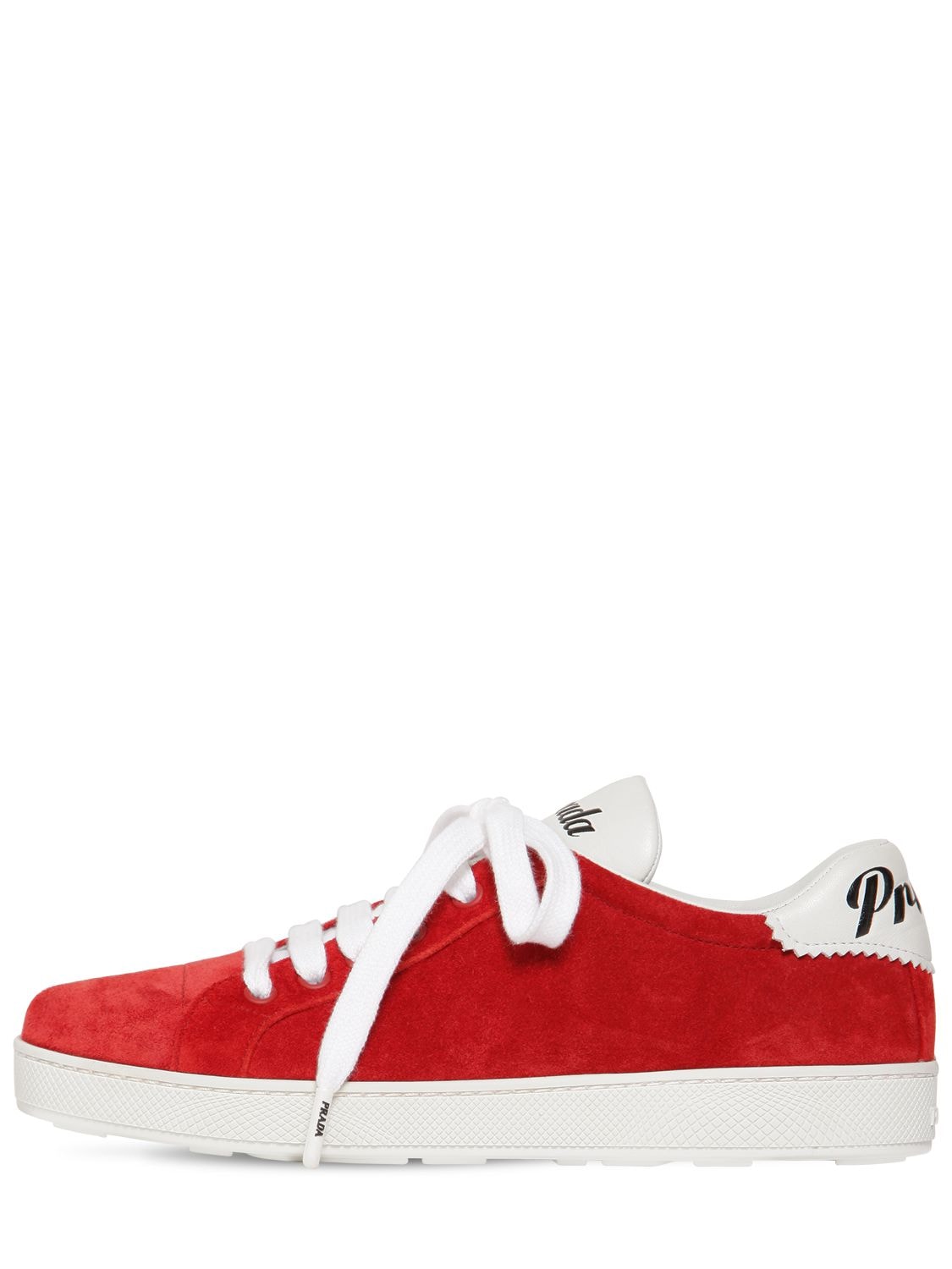 Prada 10mm  One Suede & Leather Logo Sneakers In Red